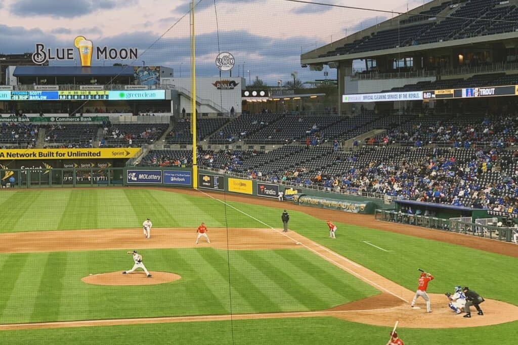 Scott Barlow throwing a pitch to Mike Trout