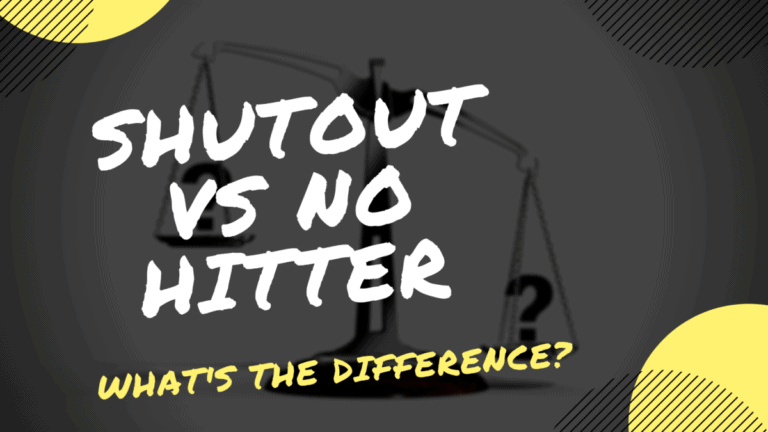 A double-pan balance scale in the background with overlaying text that says "Shutout vs No Hitter What's the Difference?"
