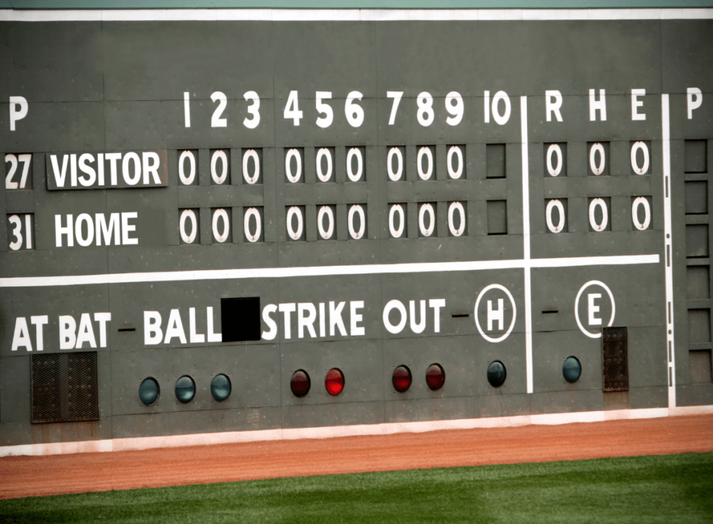 Closeup of a baseball scoreboard that also acts as an outfield wall