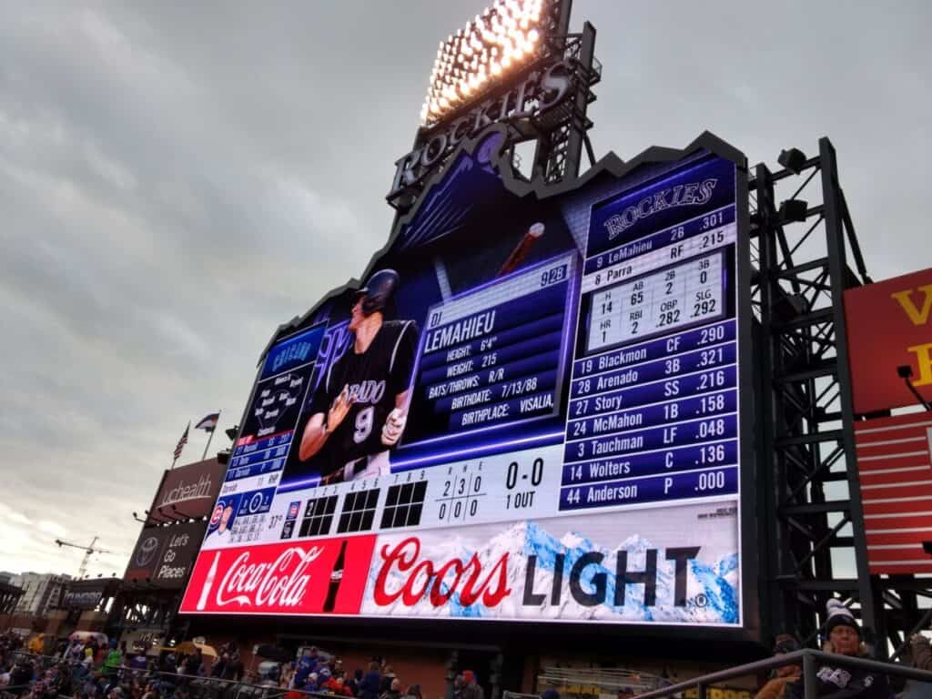 Colorado Rockies scoreboard from a game in 2018