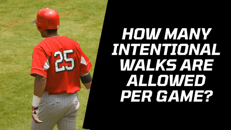 A batter in a red jersey is walking on the diamond. The text on the right reads "How Many Intentional Walks Are Allowed Per Game?"