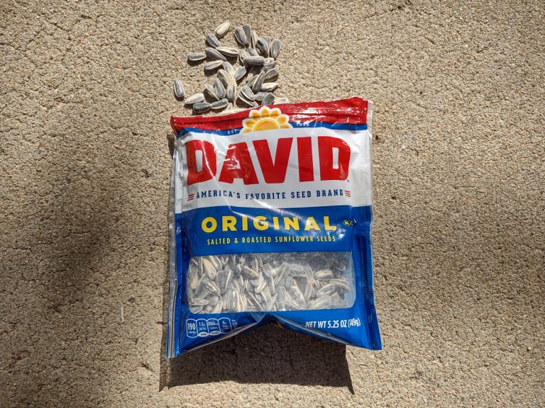 Bag of David original sunflower seeds laying on pavement with some seeds spilling out of the top of the bag