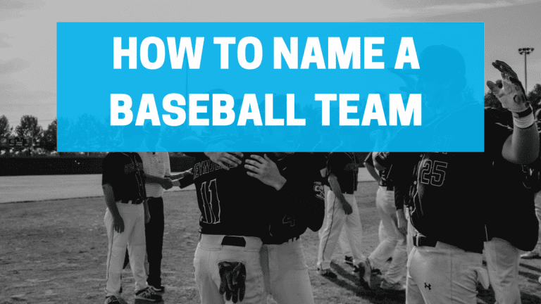 Baseball team celebrating a victory with overlaying text in a blue box that reads "How to Name a Baseball Team"