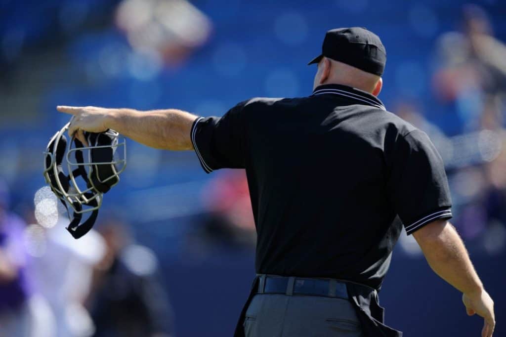 Backside view of an umpire holding his mask in his left hand while also pointing with his left hand