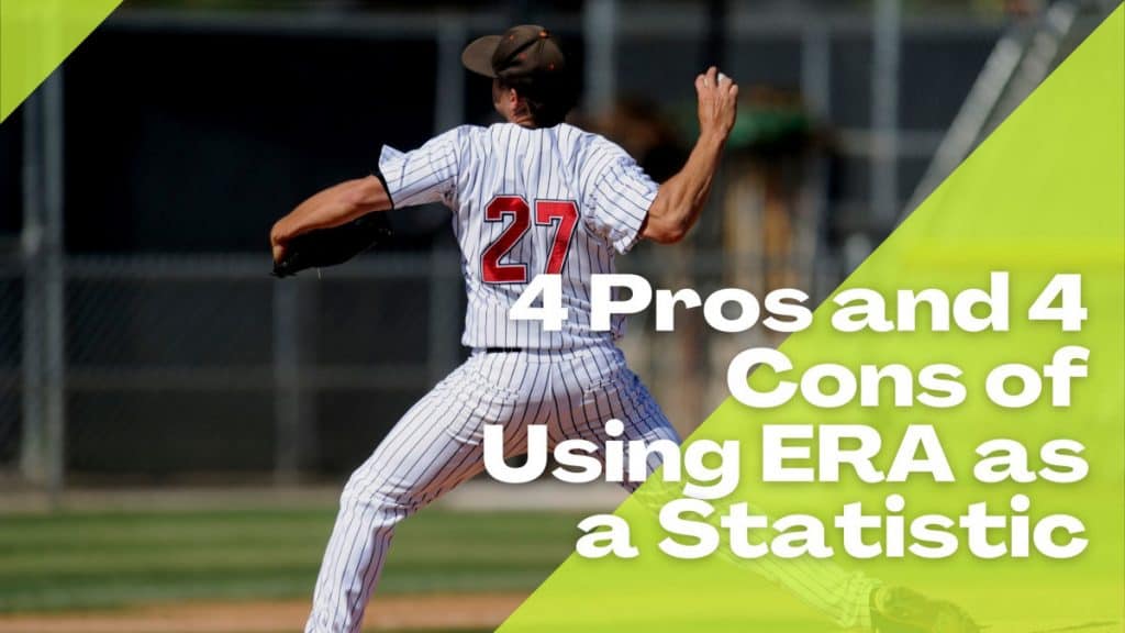 First base view of a pitcher in a pinstripe uniform delivering a pitch with overlaying text that reads "4 Pros and 4 Cons of Using ERA as a Statistic"