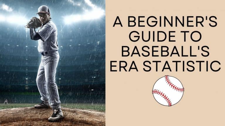 Pitcher in a pinstripe uniform standing on the mound in the rain with text that reads "A Beginner's Guide to Baseball's ERA Statistic"