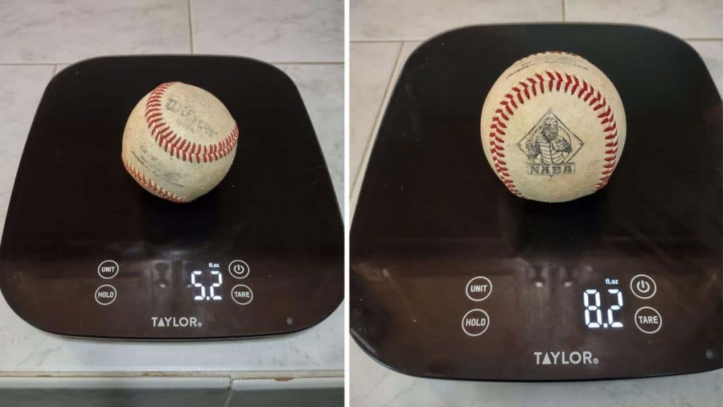 Comparing, in ounces, the weight of a used leather baseball to a used water-logged baseball