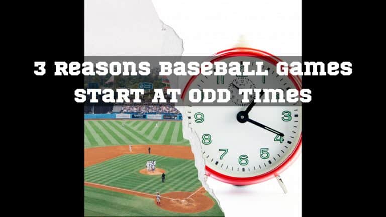 Dodger Stadium with team huddled around the pitcher's mound and a red and green clock. The overlaying text reads "3 Reasons Baseball Games Start At Odd Times"