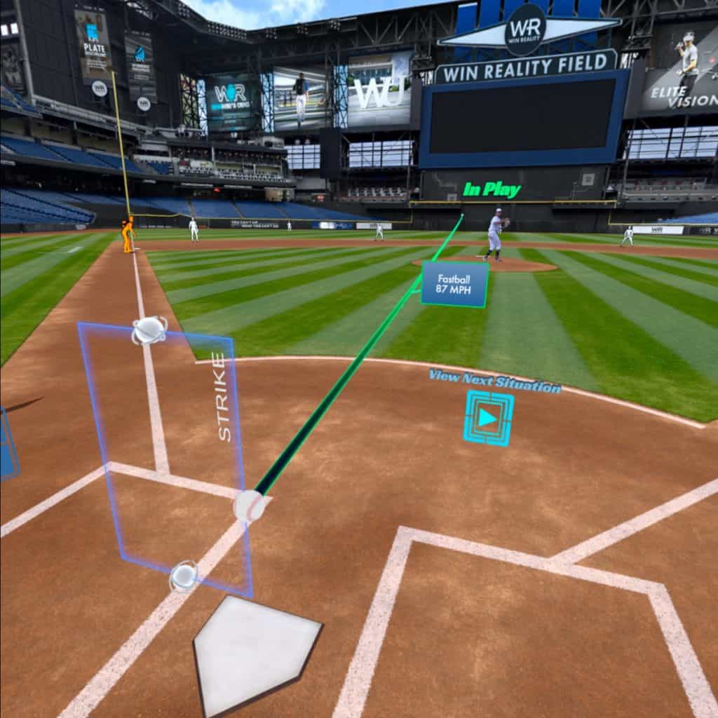 A green line appears if the pitch is a strike and you put the ball in play during the At Bats - Situational Hitting drill from WIN Reality on Oculus Quest 2