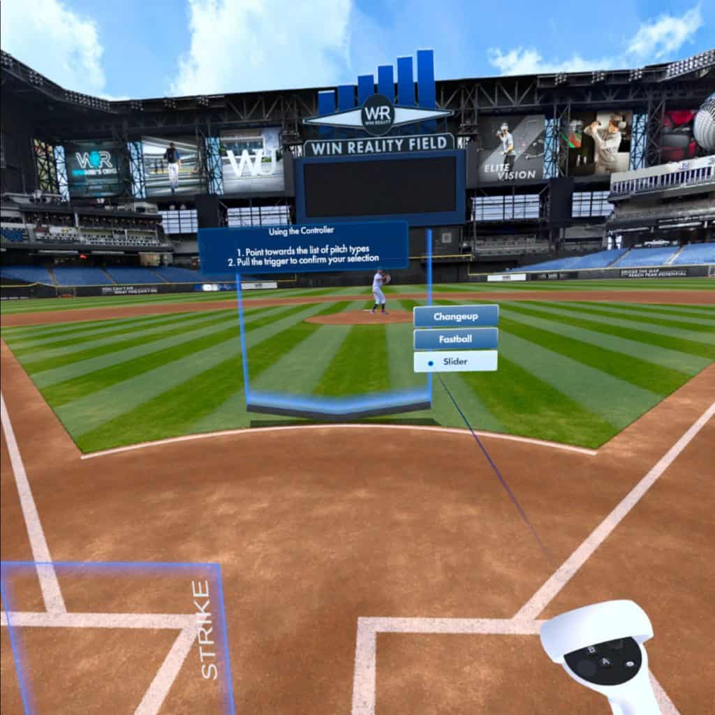 Use the Oculus Quest 2 controller to select the pitch type during the Disappearing Pitch drill in WIN Reality