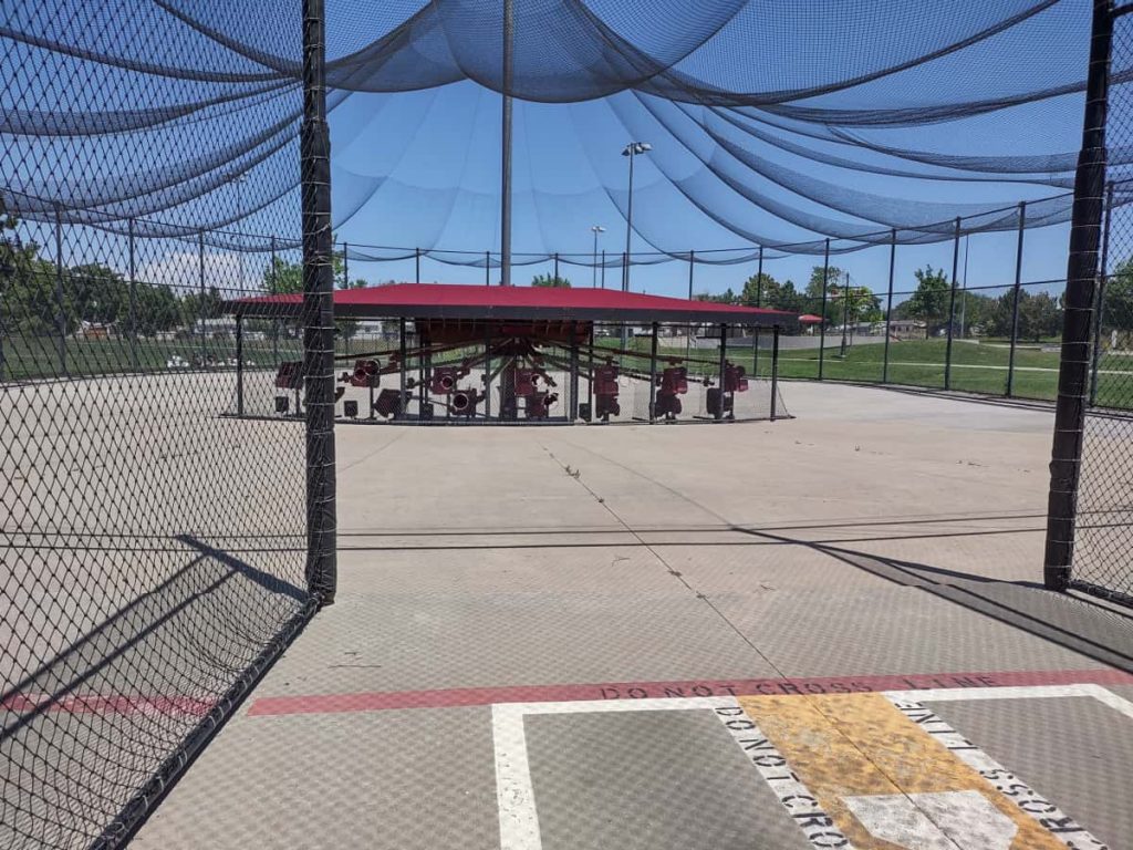 Inside view of a batting cage at Pioneer Park in Commerce City, Co
