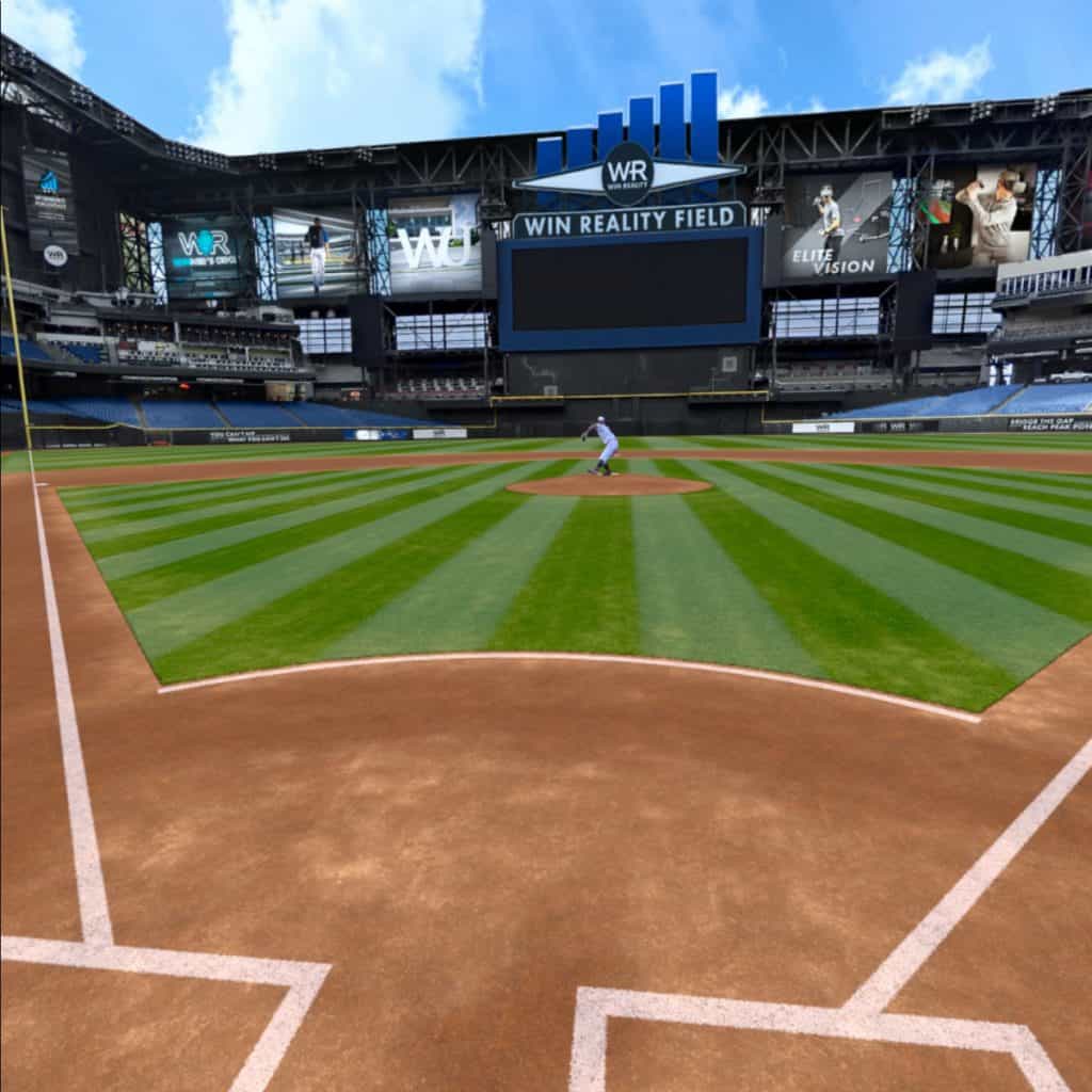 Virtual reality pitcher delivering a pitch during the Recognition Window - High Velocity drill from WIN Reality on Oculus Quest 2
