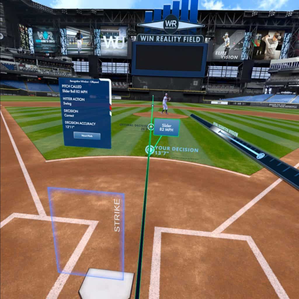 A green line appears when pressing the trigger button for an offspeed pitch during the Recognition Window - Offspeed drill from WIN Reality on Oculus Quest 2