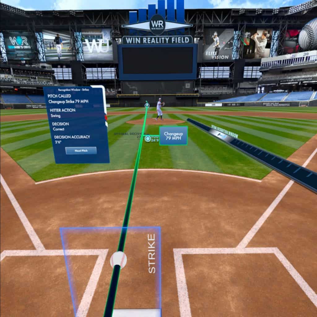 A green line appears when you guess a strike and the pitch falls within the strike zone during the Recognition Window - Strikes drill from WIN Reality on Oculus Quest 2