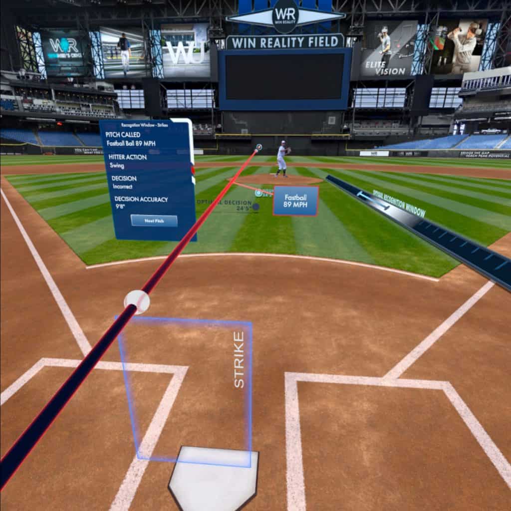 A red line appears when you guess a strike, but the pitch is outside of the strike zone during the Recognition Window - Strikes drill from WIN Reality on Oculus Quest 2