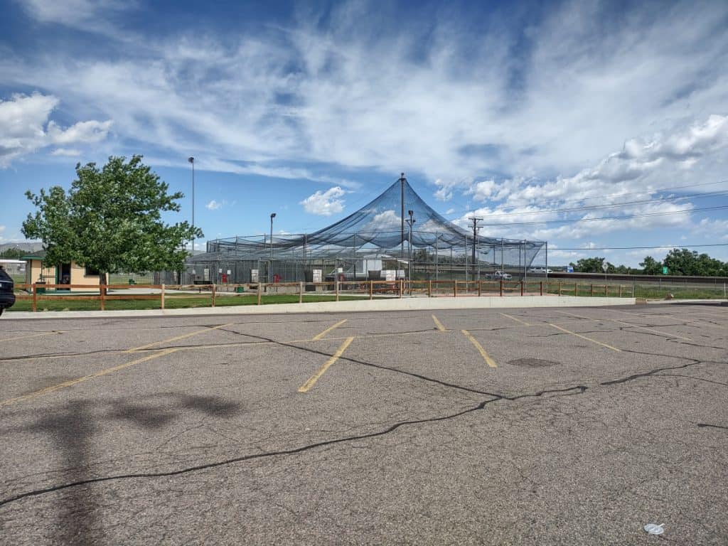 Parking lot view of the Batting Cages At Schaefer in Denver, Co