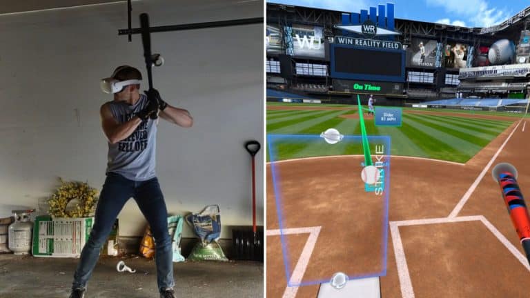 Steve Nelson using Oculus Quest 2 to train with WIN Reality and preparing to swing with the WIN Reality bat attachment installed on a real baseball bat