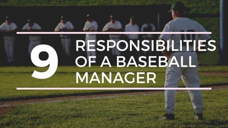 Coach standing in the grass coaching third base with overlaying text that reads "9 Responsibilities of a Baseball Manager"