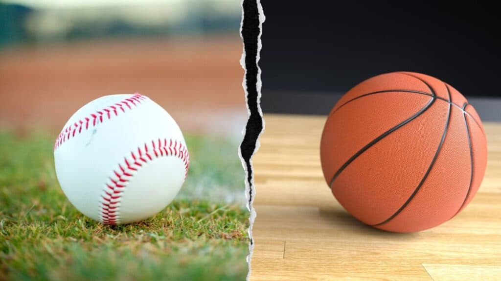 Baseball laying on the grass and a basketball laying on a court