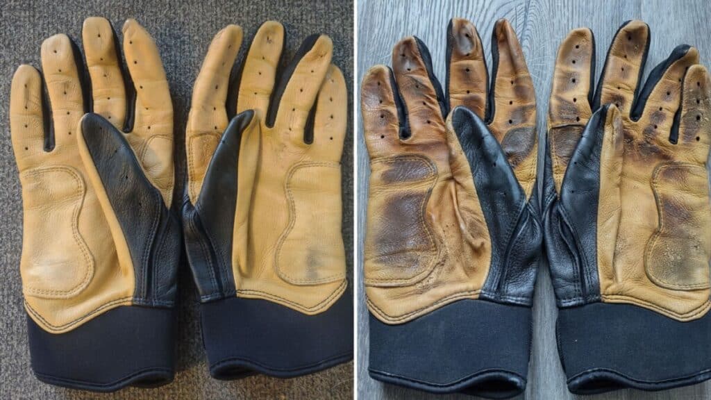 The palms of slightly used Bruce Bolt batting gloves compared to the palms of heavily used Bruce Bolt batting gloves