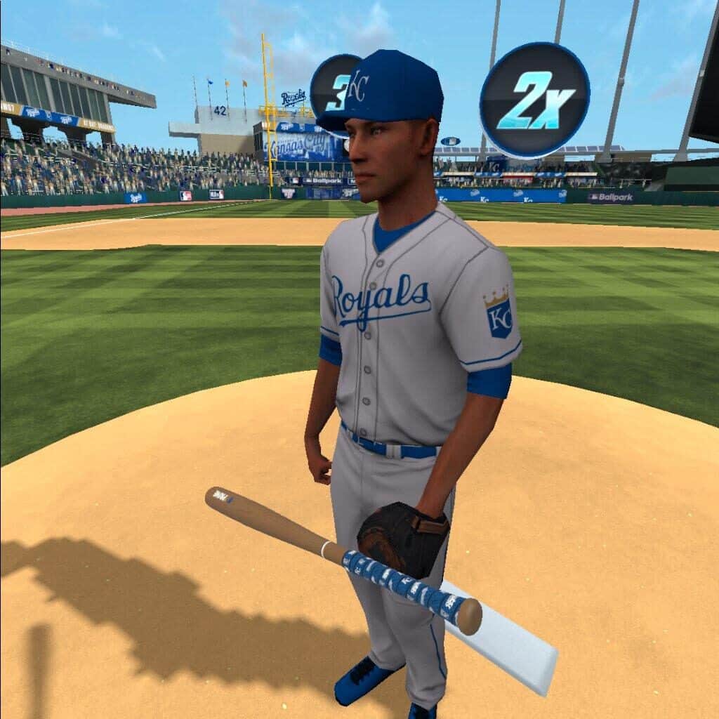Standing next to the virtual reality pitcher in MLB Home Run Derby VR for Oculus Quest 2