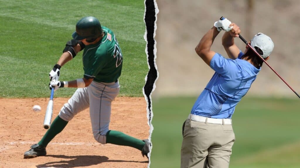 Baseball player swinging a bat with batting gloves and a golfer swinging a club with one golf glove