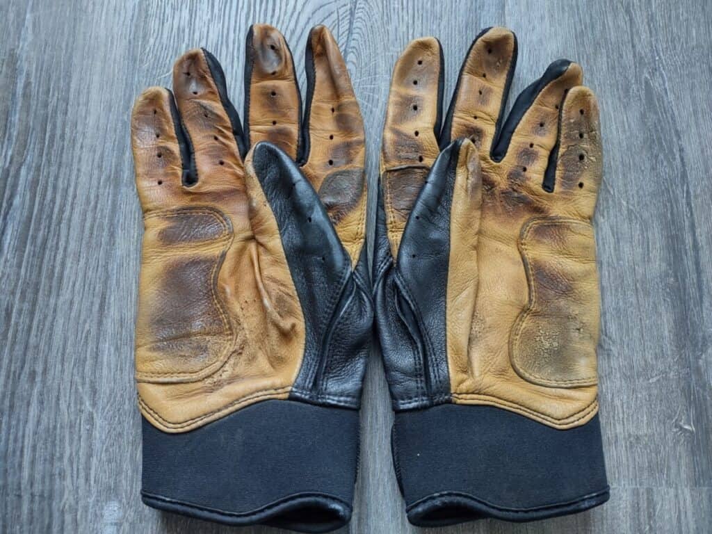 The palms of used Bruce Bolt batting gloves