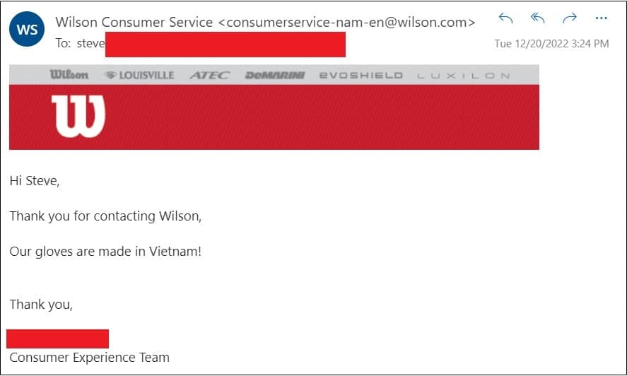 Screenshot of an email received from Wilson's customer support when they were asked where they make their baseball gloves
