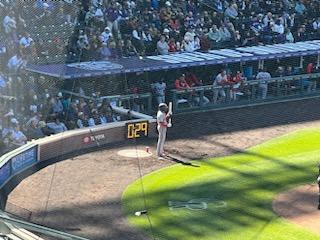 MLB pitch clock behind home plate at Coors Field with 29 seconds left