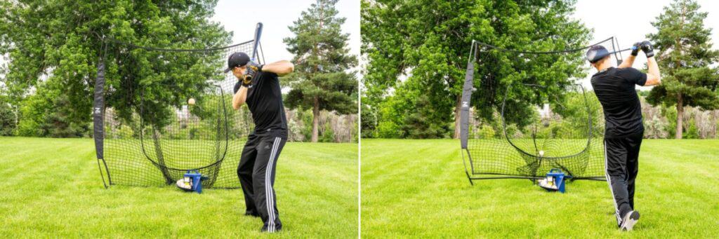 Side-by-side photos demonstrating before and after hitting a front toss pitch from a Jugs Soft Toss machine
