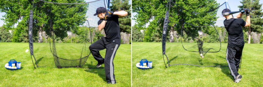 Side-by-side photos demonstrating before and after hitting a soft toss pitch from a Jugs Soft Toss machine