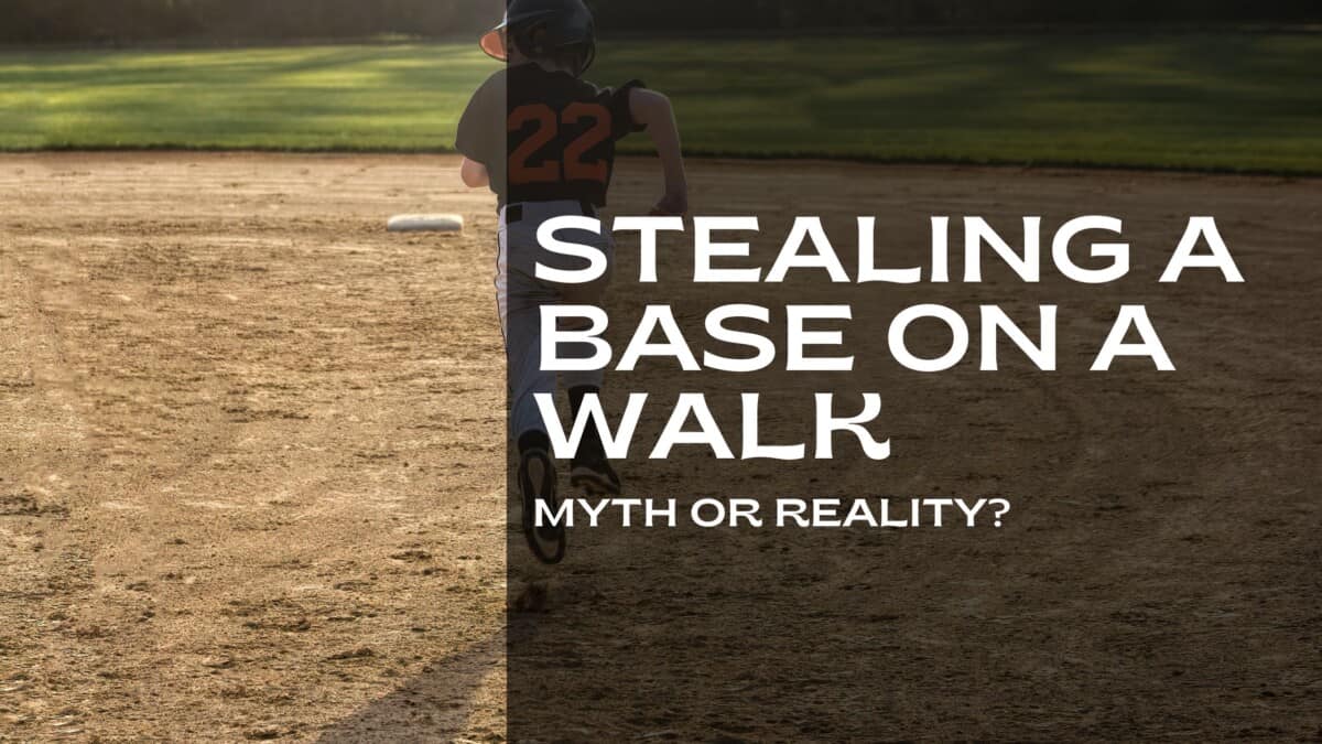 Youth baseball player running toward second base with overlaying text that reads "Stealing Base on a Walk Myth or Reality?"