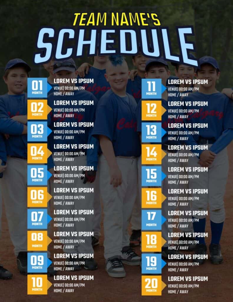 Example team schedule template with a baseball team as the background image. The schedule is yellow and blue and contains lorem ipsum text.