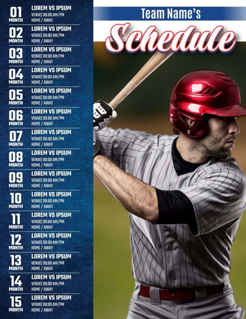 Example team schedule template with a baseball hitter as the image to the right of the schedule. The schedule is blue and white, has a red title, and contains lorem ipsum text.