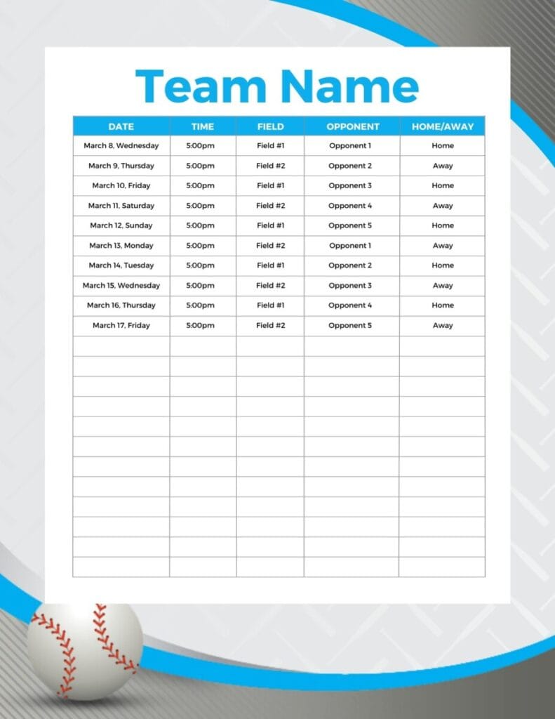 Blue schedule template for a sports team. Games are listed in a table format. The table includes dummy data to show how the schedule looks and includes one graphic of a baseball.