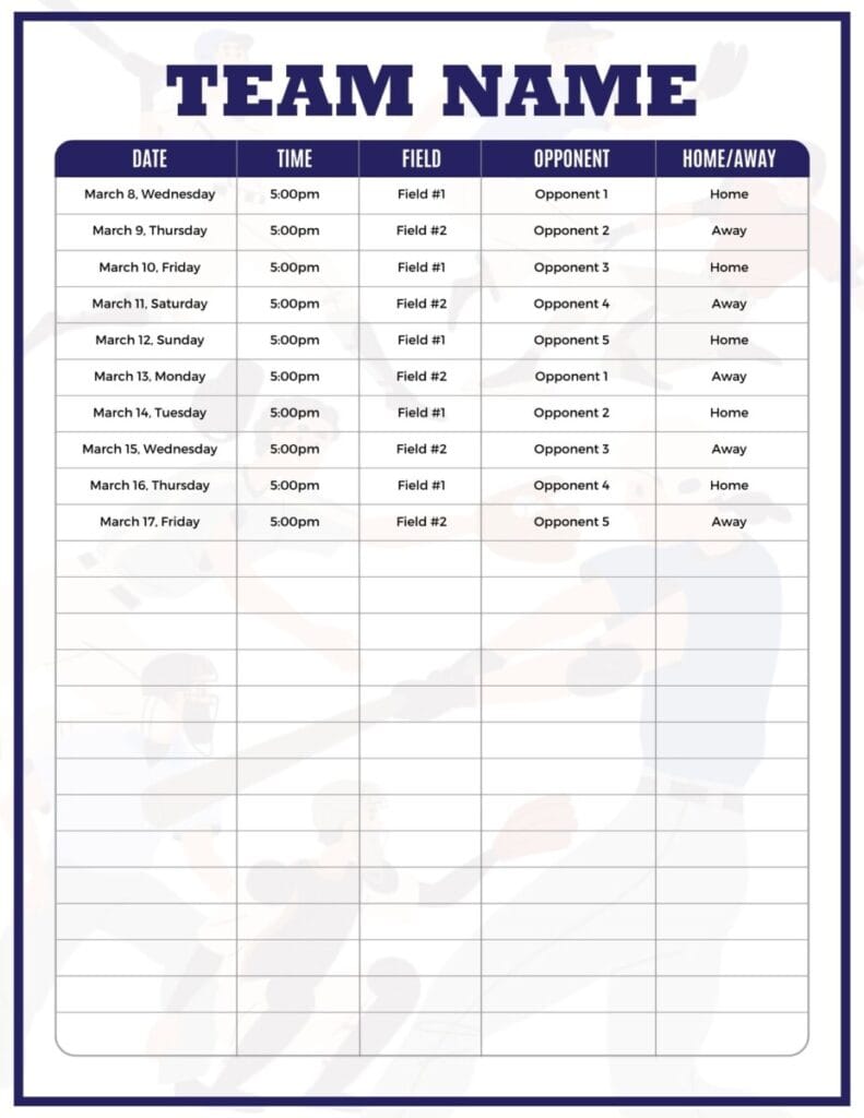 Dark blue schedule template for a sports team. Games are listed in a table format. The table includes dummy data to show how the schedule looks.