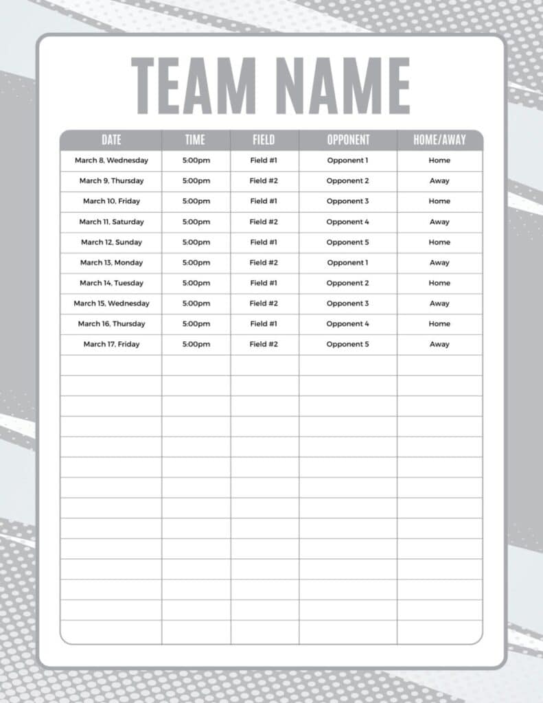 Grey schedule template for a sports team. Games are listed in a table format. The table includes dummy data to show how the schedule looks.