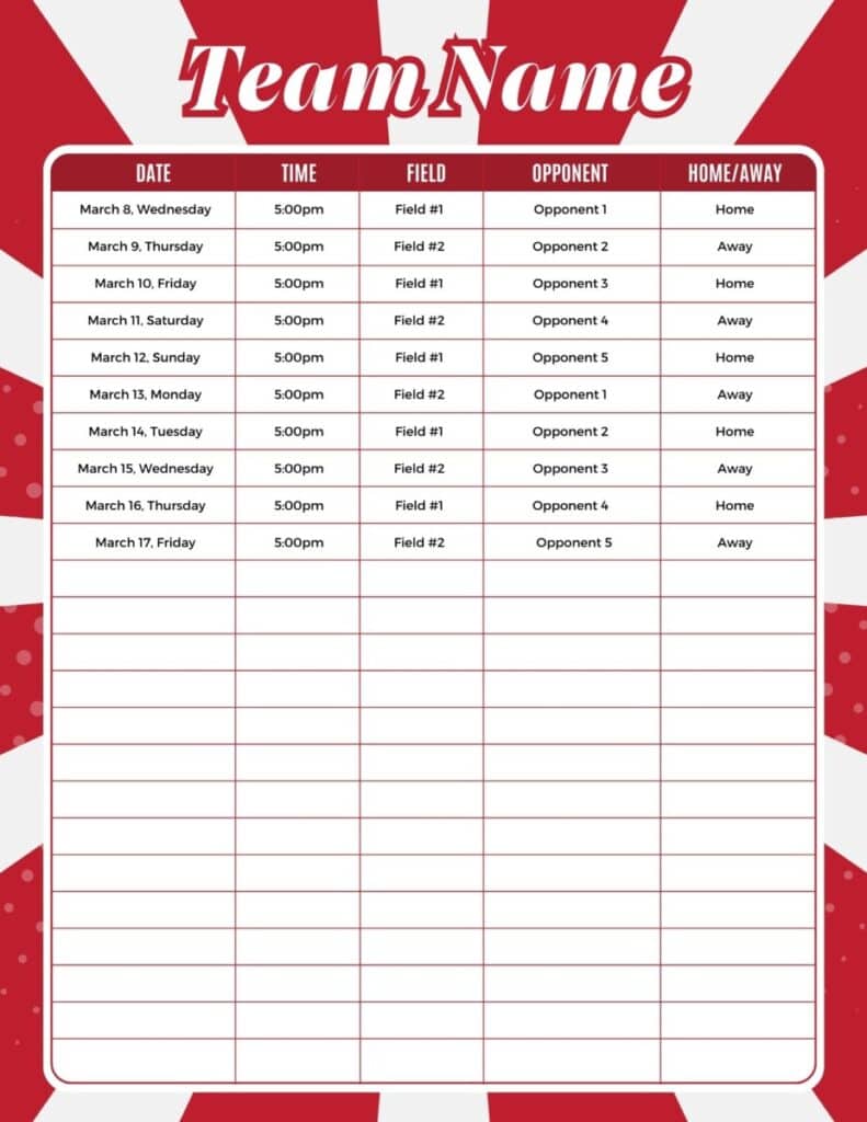 Red and white schedule template for a sports team. Games are listed in a table format. The table includes dummy data to show how the schedule looks.