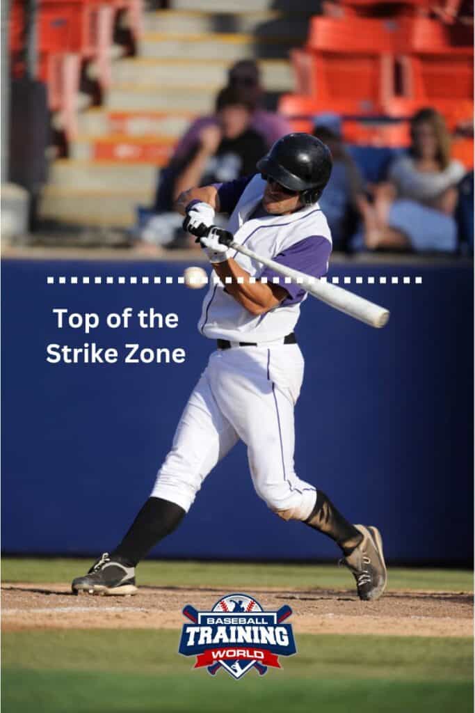 Illustration showing the top of a baseball player's strike zone with a dotted line and overlaying text that reads "top of the strike zone"