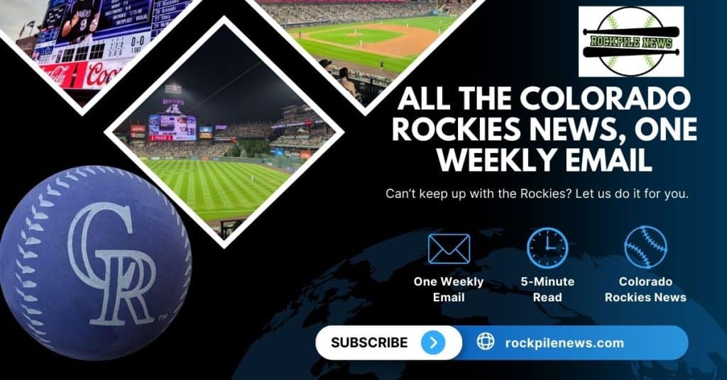 Ad for the company Rockpile News that is promoting their weekly newsletter about the Colorado Rockies